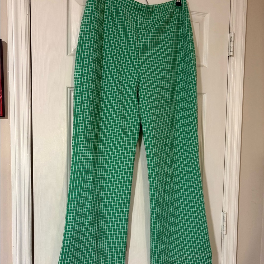 Vintage Green Checkered Wide-Leg Pants